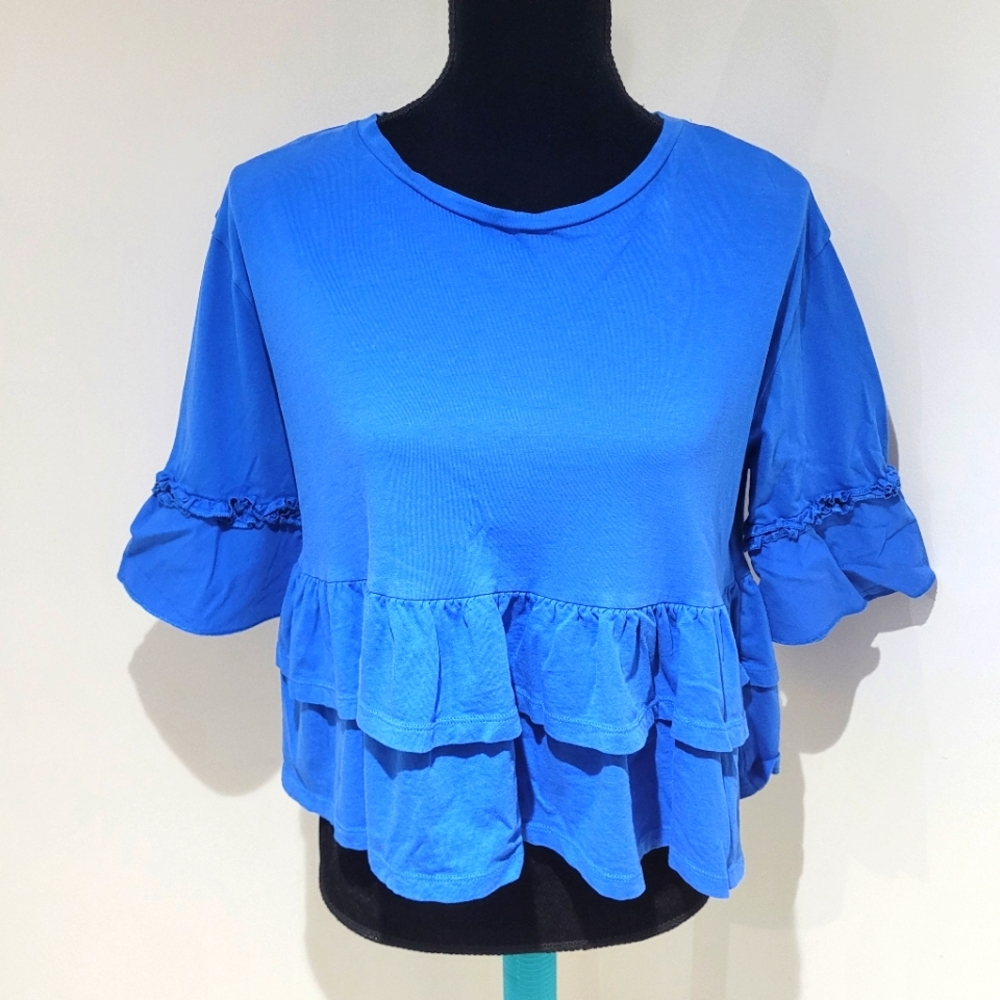 United Colors of Benetton Women's Cotton Short Sleeve Peplum Shirt Small Blue